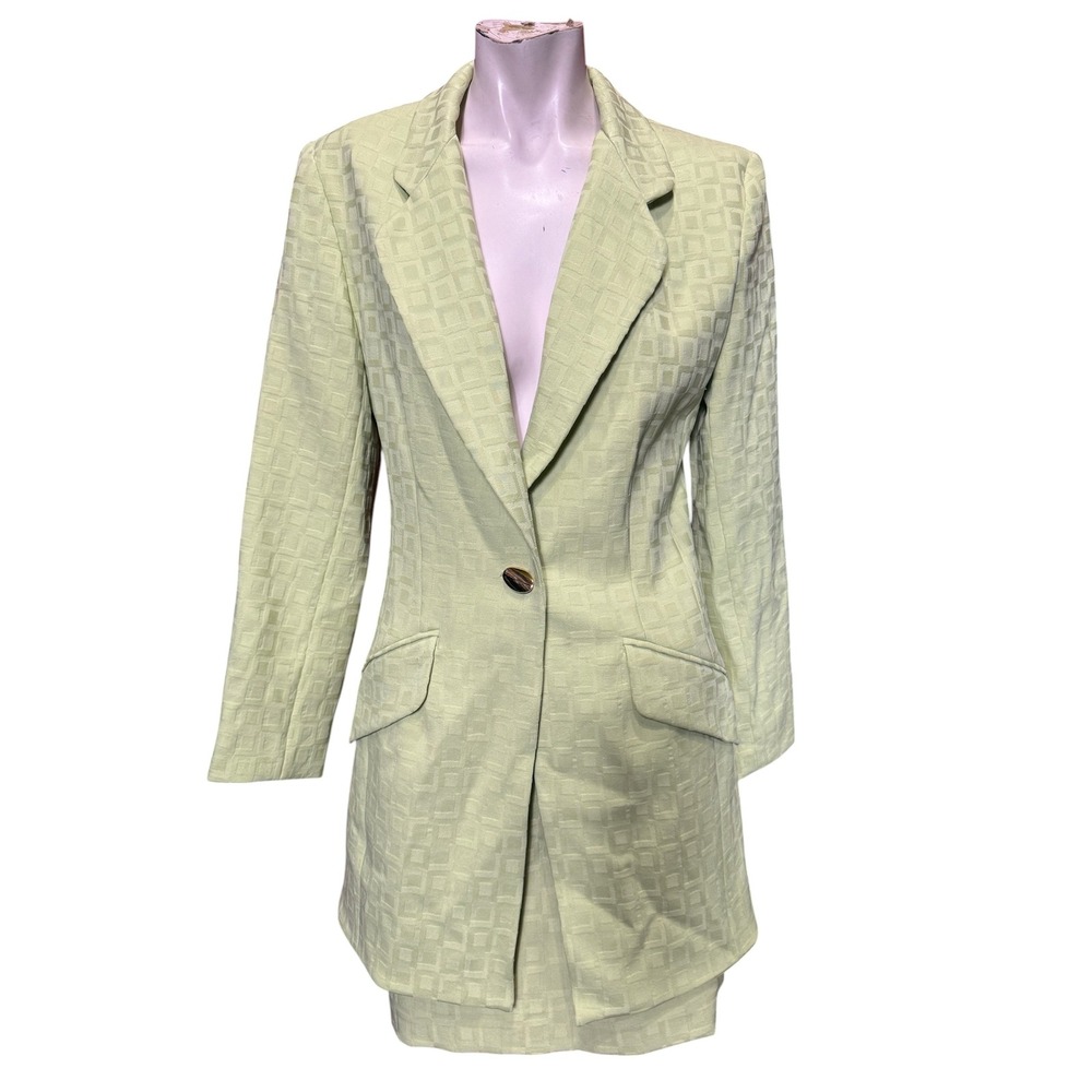 Cache Vintage 90s Jacquard Skirt Suit Set Lime Green Square Pattern Size 6